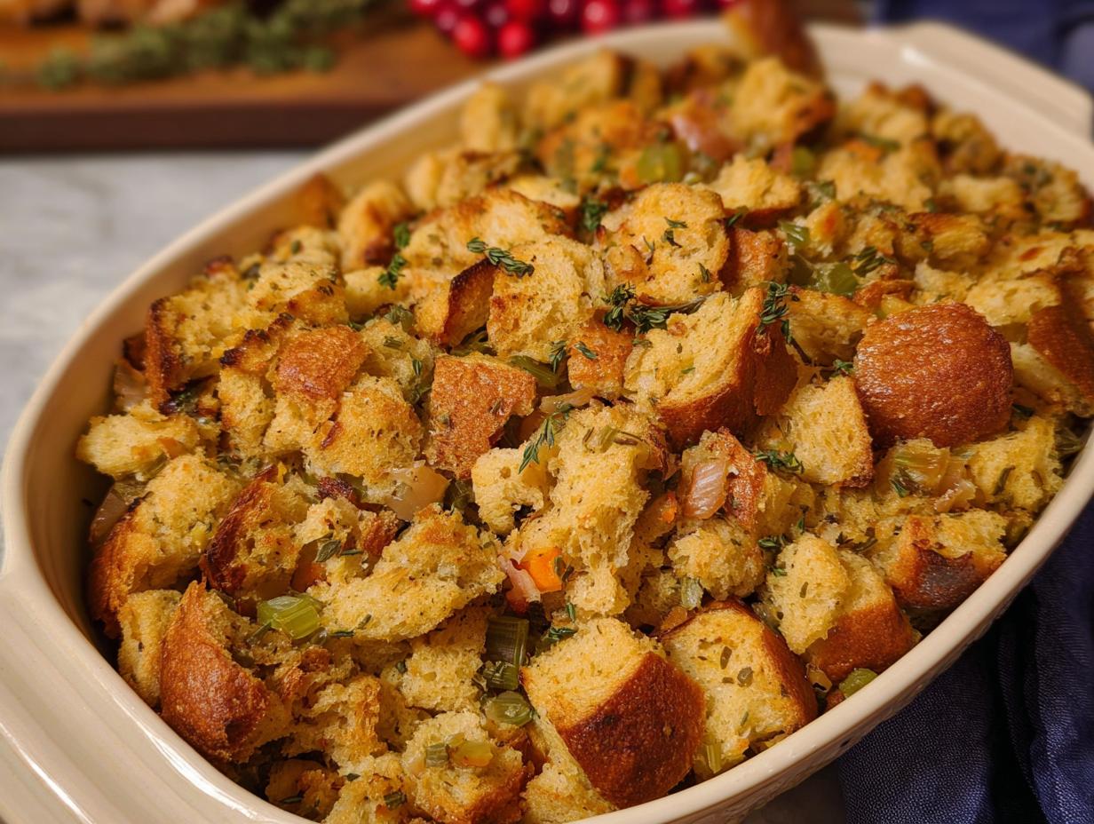 A close-up view of a baked dish filled with classic stuffing recipes, featuring toasted bread cubes, celery, and herbs.