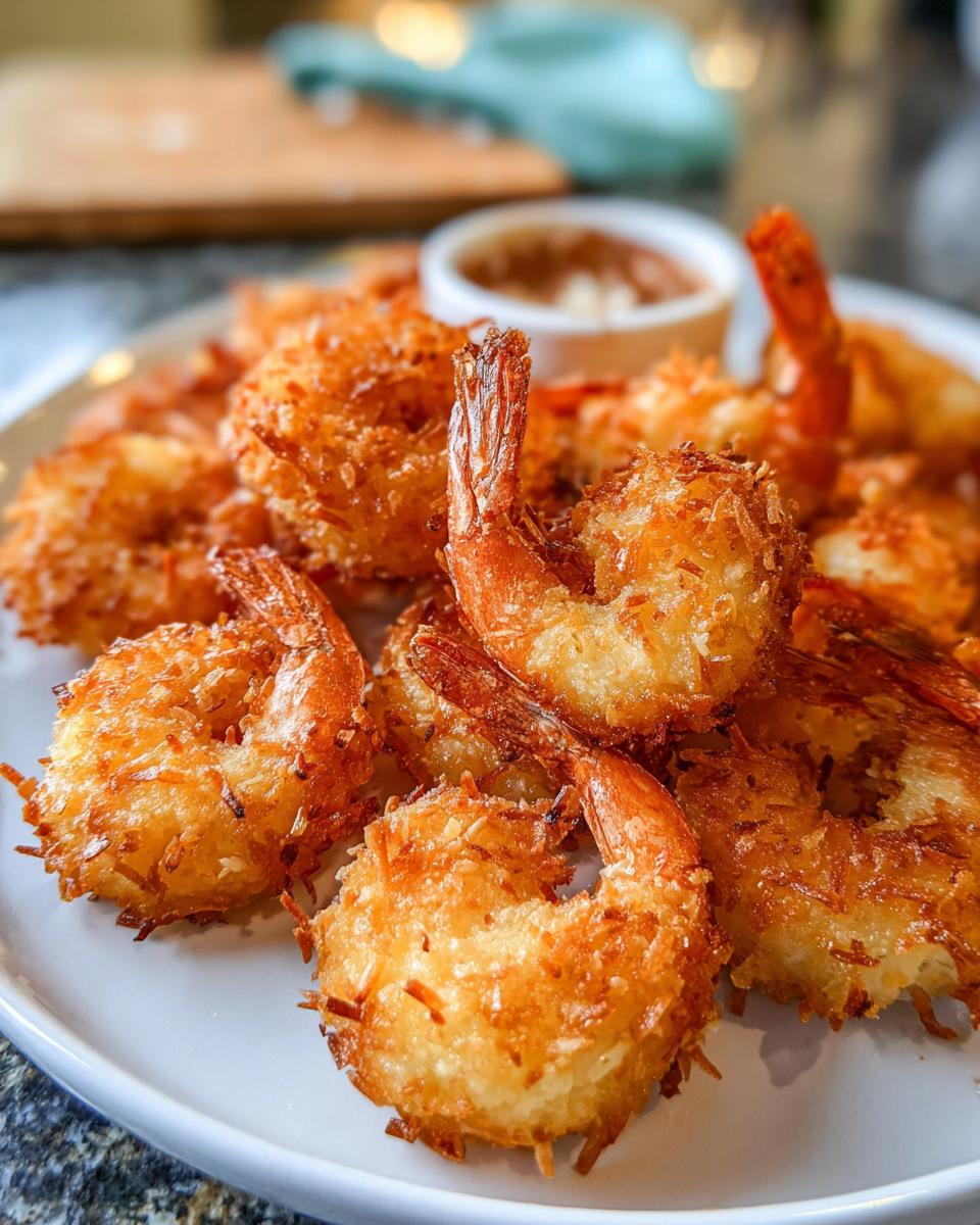 Close-up of golden-brown, crispy coconut shrimp piled on a white plate, served with a dipping sauce.