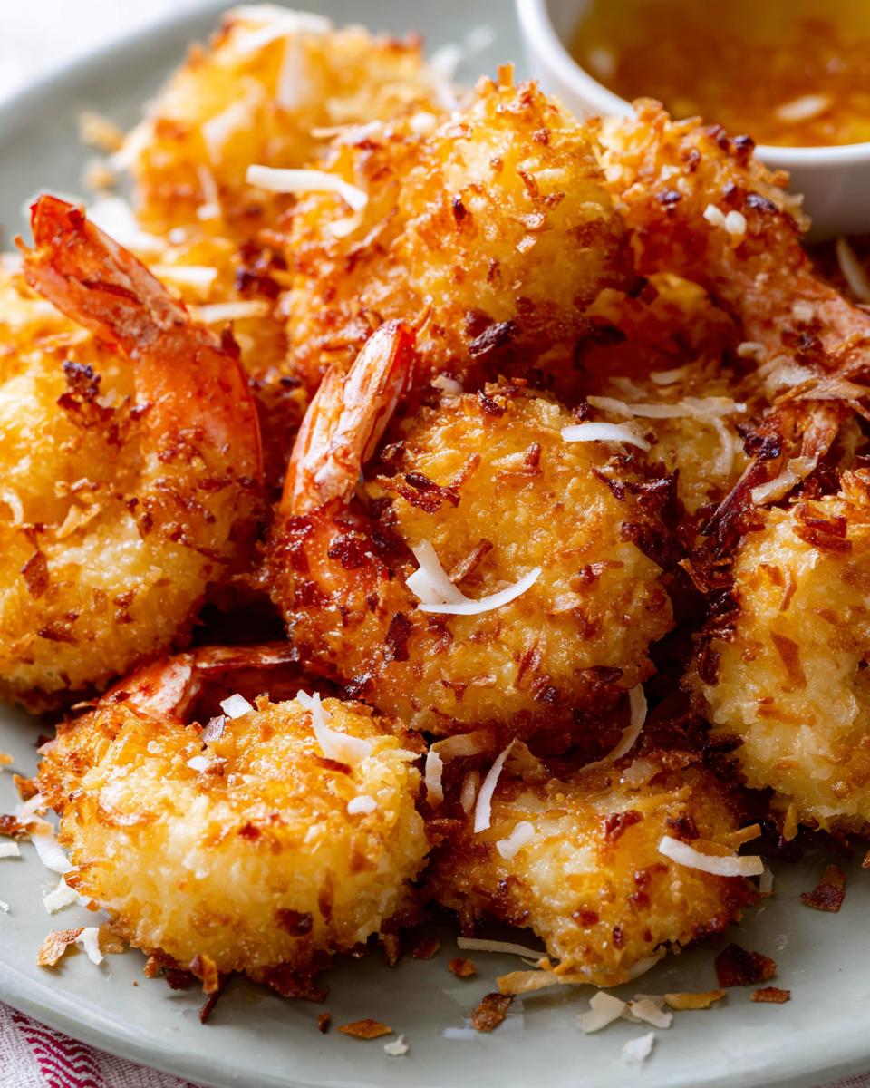 Close-up of golden-brown crispy coconut shrimp, a delicious shrimp recipe, served on a plate with a side of dipping sauce.