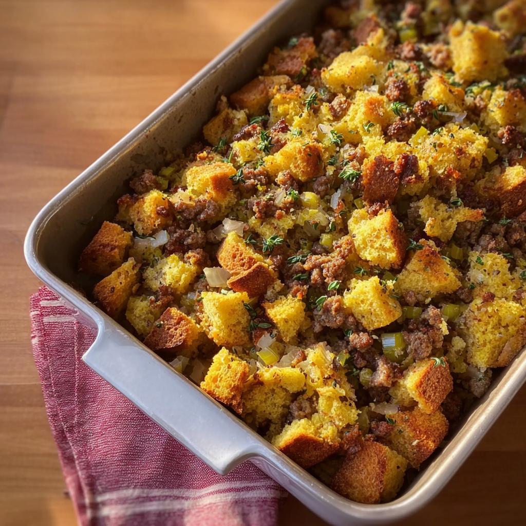A close-up of a baking dish filled with cornbread stuffing mixed with crumbled sausage and fresh herbs.