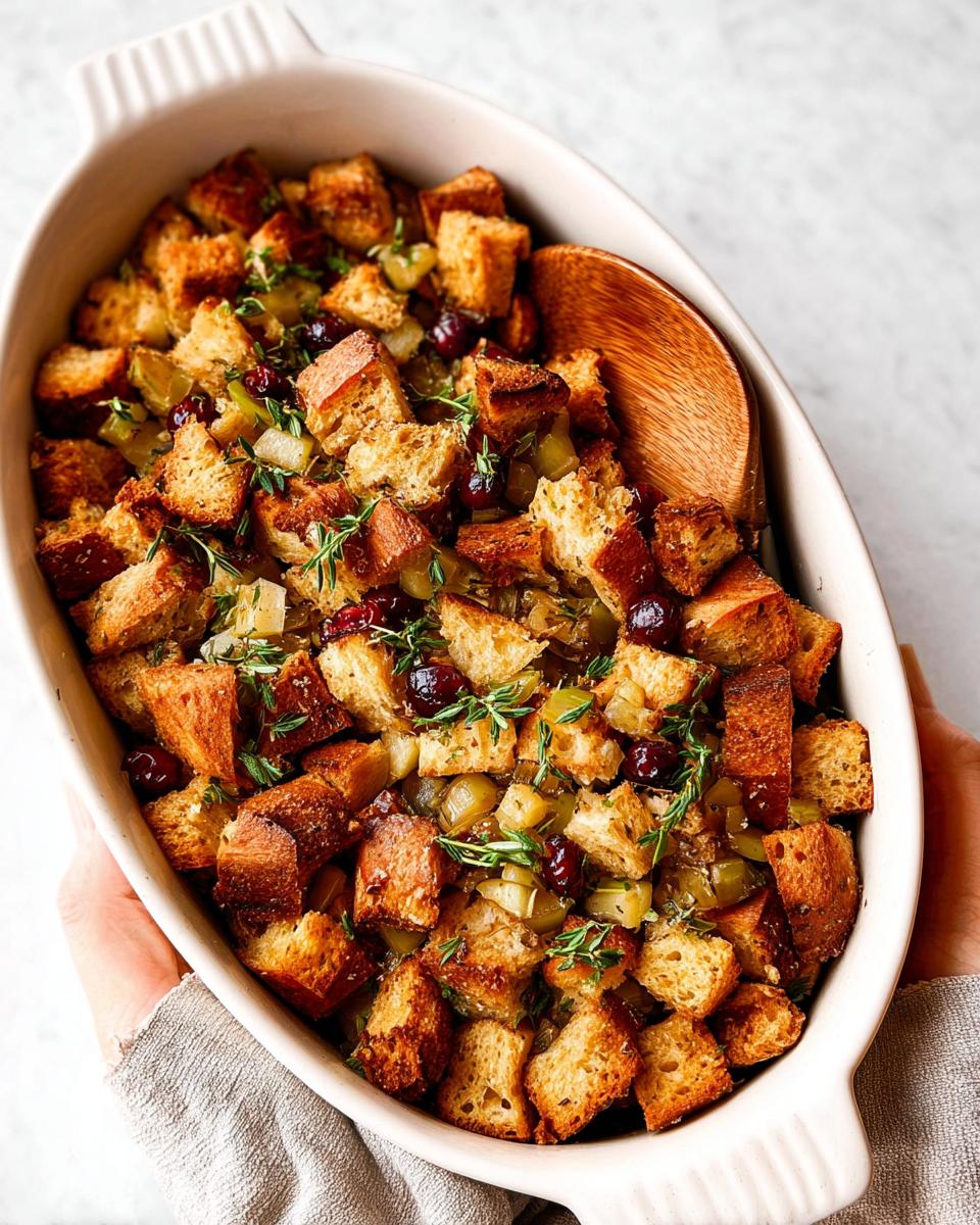 Close-up of a golden-brown cranberry stuffing in a baking dish, topped with fresh herbs.
