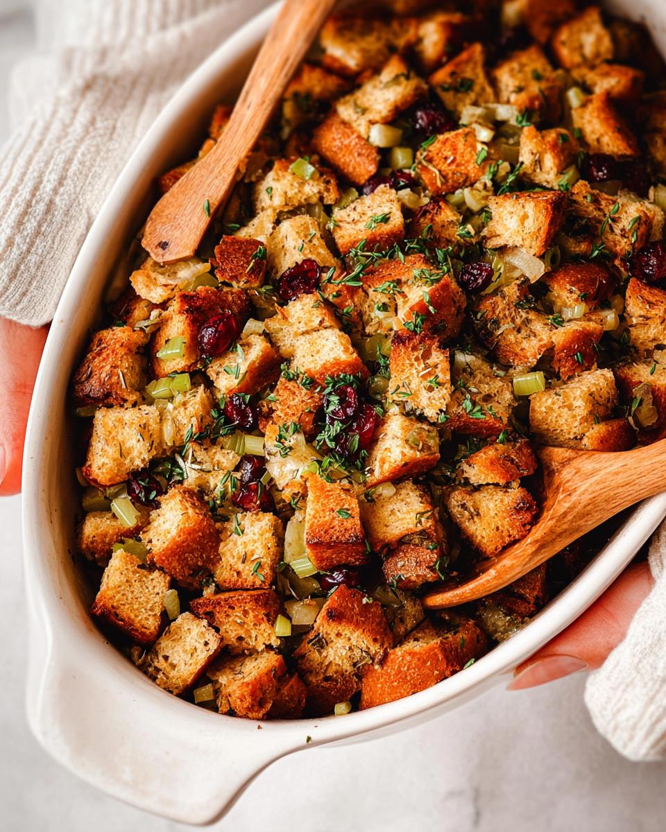 Close-up of a white baking dish filled with golden-brown bread cubes, cranberries, and herbs for stuffing.