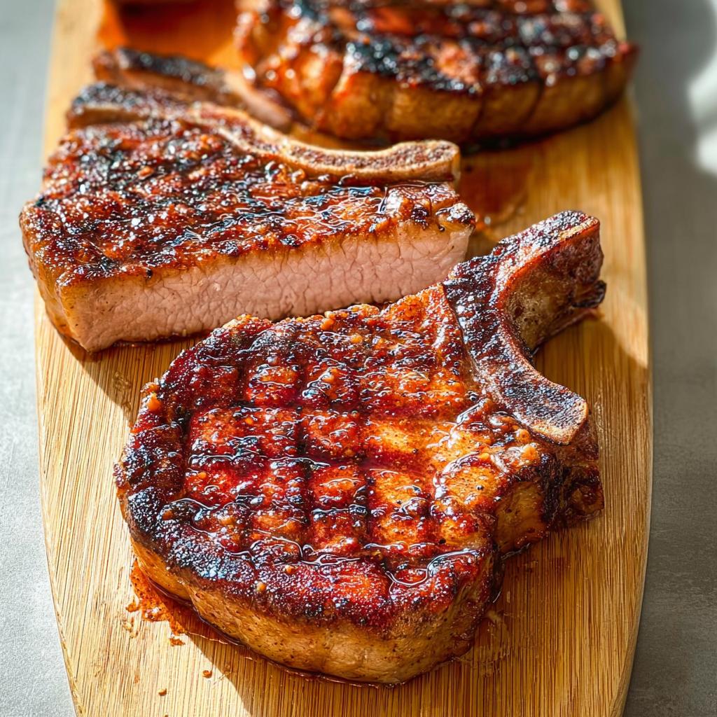 Close-up of perfectly cooked, glazed pork chops on a wooden board. This is a great recipe for when you crave pork chops.