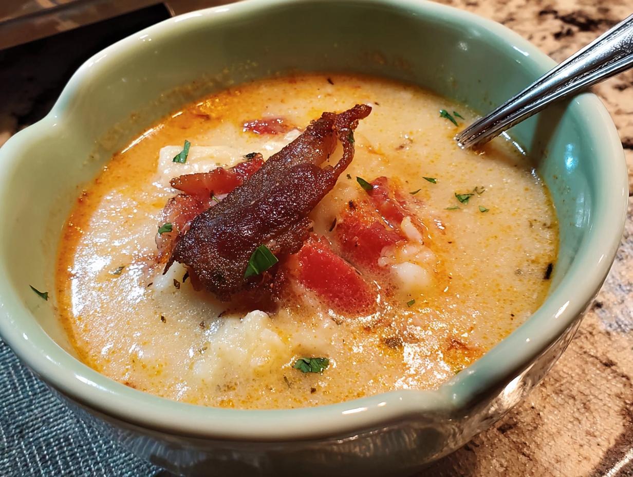 A bowl of creamy soup with bacon, tomatoes, and herbs, part of 12-Ingredient Soup Recipes.