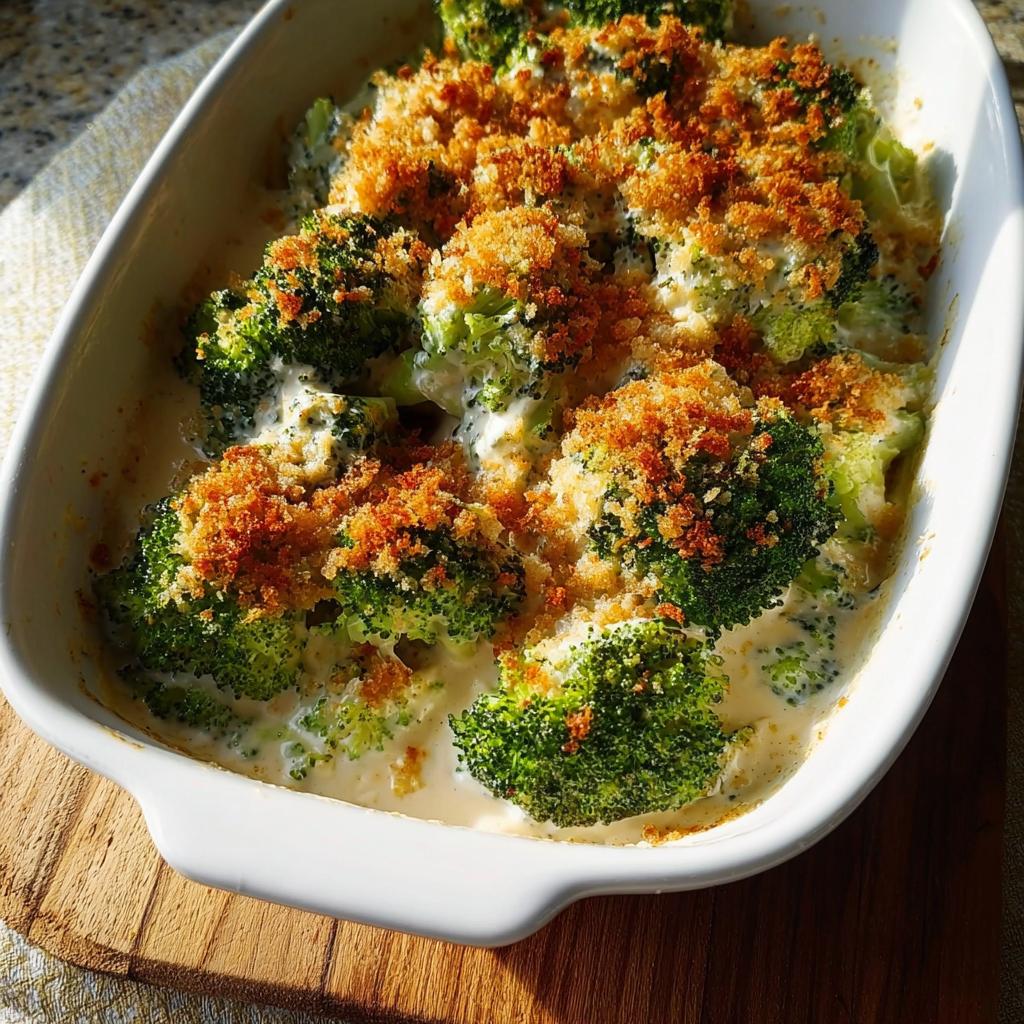 A close-up of a creamy broccoli casserole topped with golden breadcrumbs, a delicious veggie side dish.