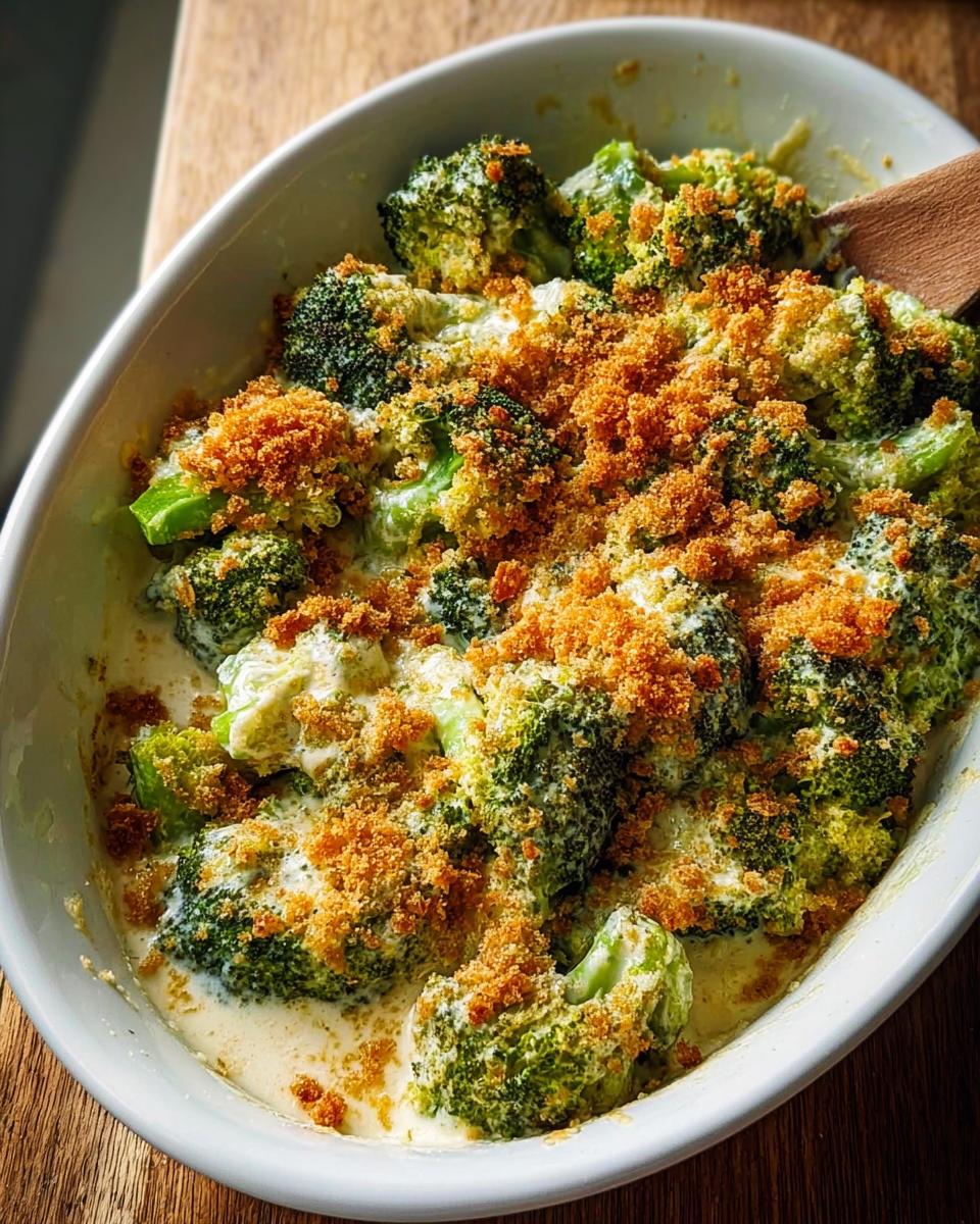 A close-up of a creamy broccoli casserole topped with golden breadcrumbs in a white baking dish.