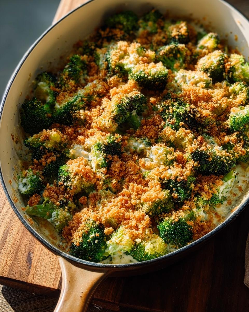 A close-up of a creamy broccoli casserole topped with golden toasted breadcrumbs, a perfect veggie side dish.