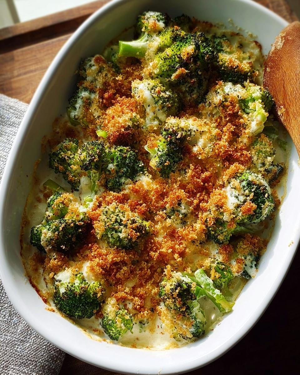 A close-up of a creamy broccoli casserole with a golden breadcrumb topping, perfect for veggie sides recipes.