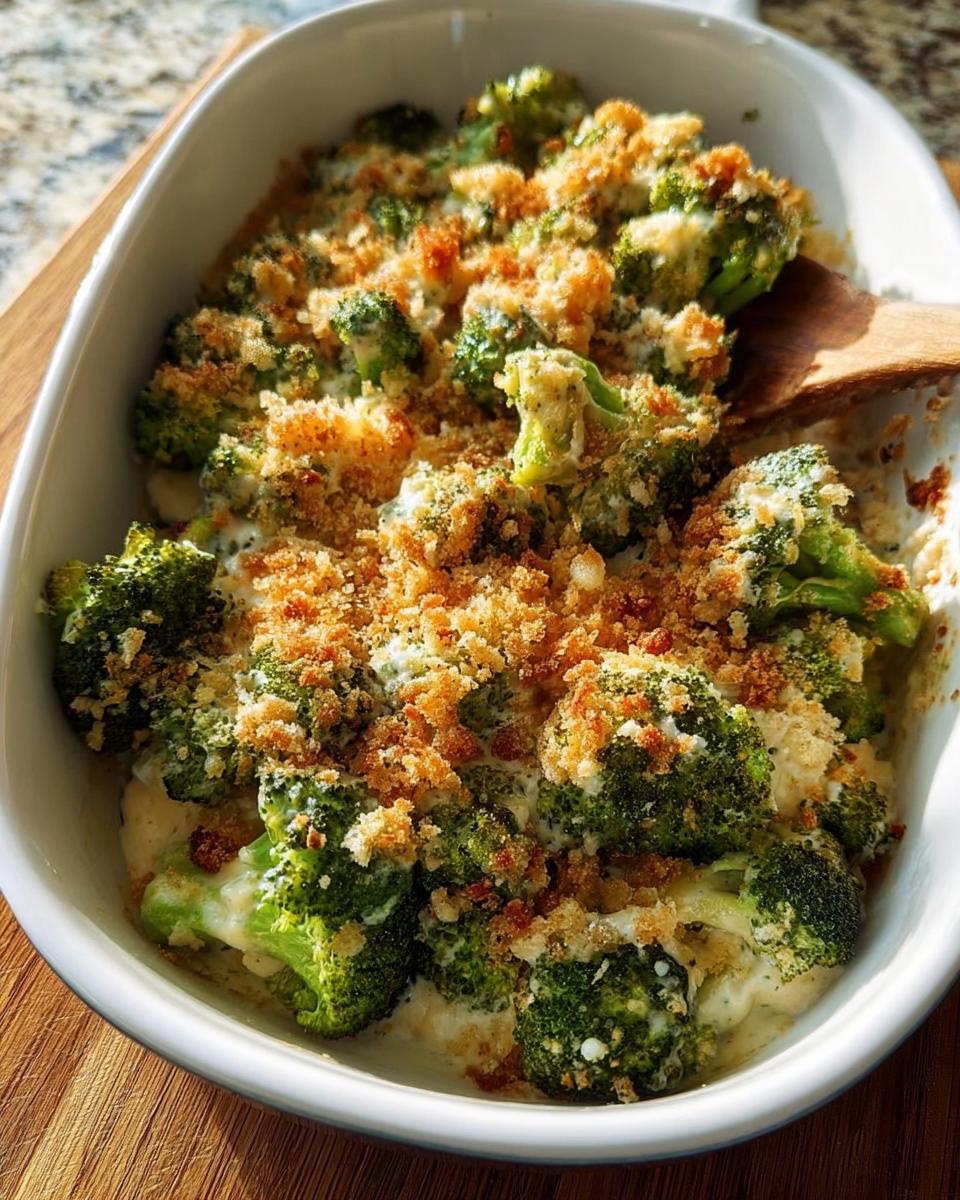 A close-up of a creamy broccoli casserole with a toasted breadcrumb topping, perfect for veggie sides recipes.
