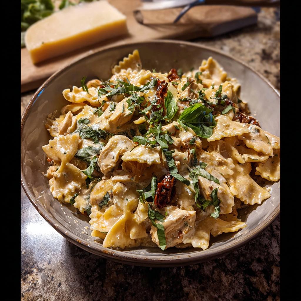 A close-up of a creamy chicken farfalle pasta bowl, garnished with fresh basil and sun-dried tomatoes.
