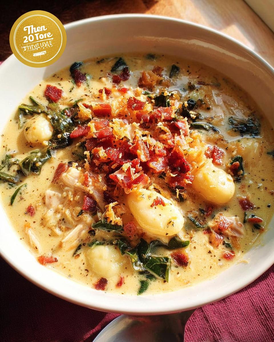 A bowl of creamy chicken gnocchi soup topped with crispy bacon and breadcrumbs.