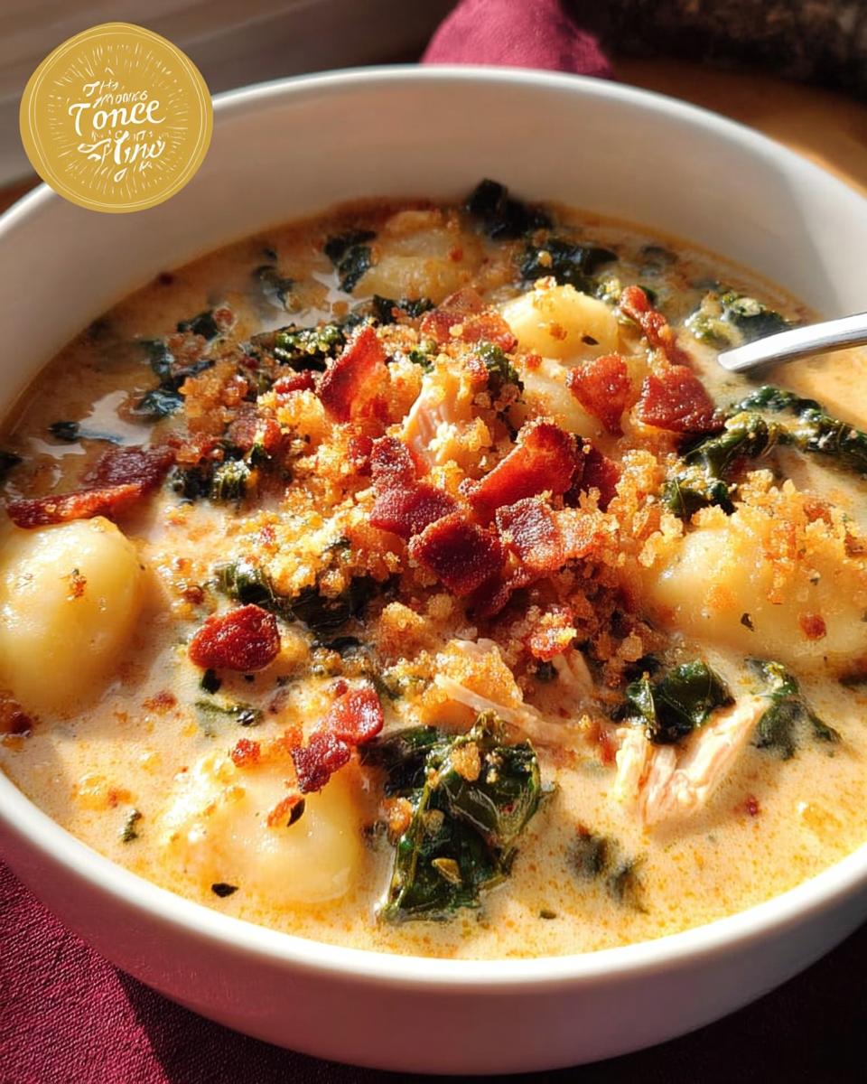 A close-up of a hearty bowl of creamy chicken gnocchi soup, topped with crispy bacon and breadcrumbs.