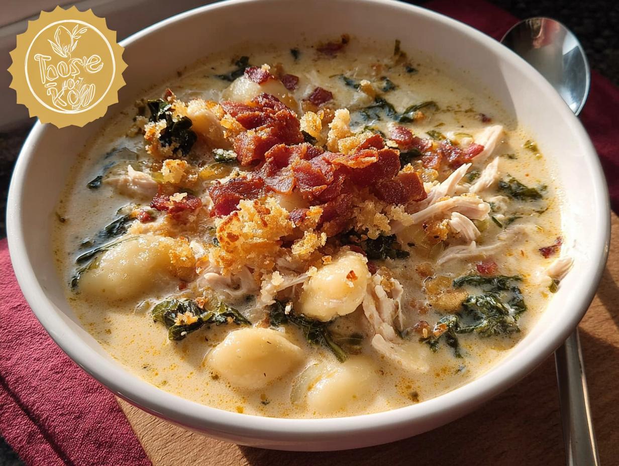 A bowl of creamy chicken gnocchi soup with kale, bacon, and breadcrumbs, part of The Only Soup Recipes Recipe You’ll Need (2025).