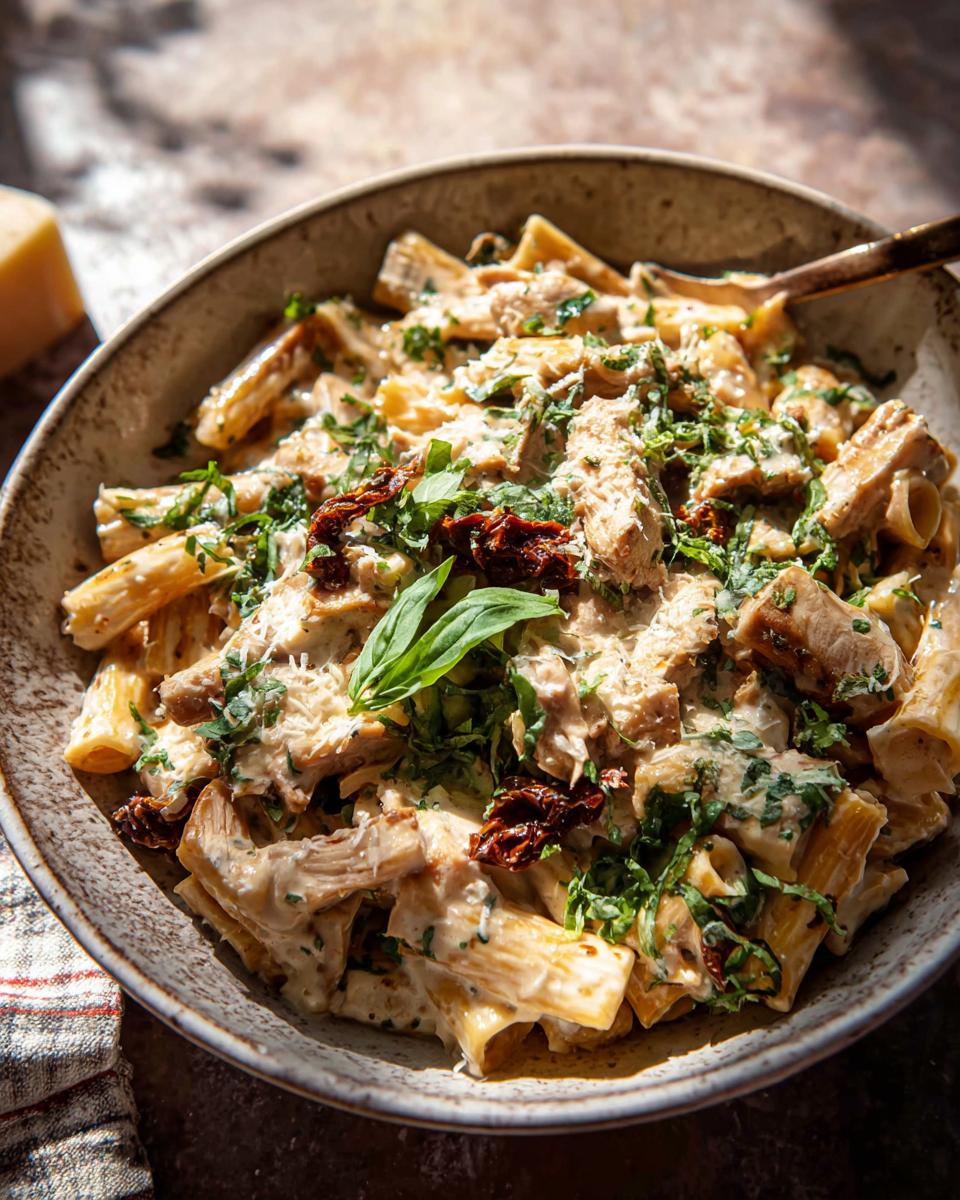 A close-up of a creamy chicken pasta bowl, featuring rigatoni pasta, shredded chicken, sun-dried tomatoes, and fresh basil.