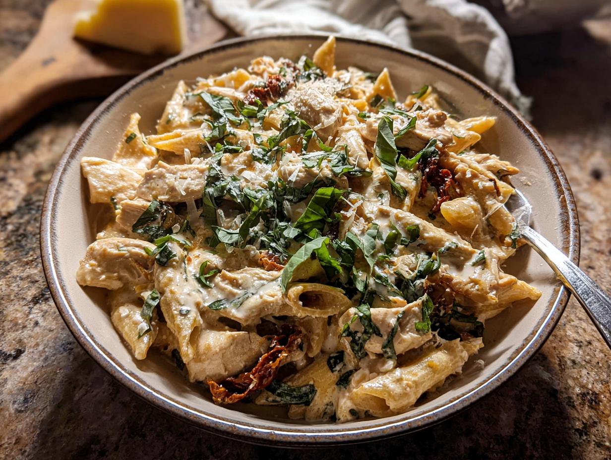 A close-up of a creamy chicken pasta bowl with penne pasta, sun-dried tomatoes, and fresh basil.