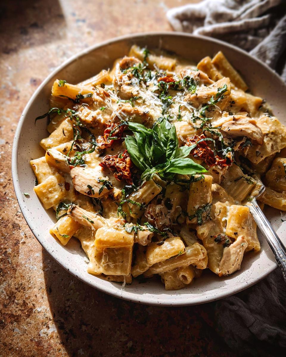 Close-up of creamy chicken pasta with rigatoni, sun-dried tomatoes, and fresh basil.