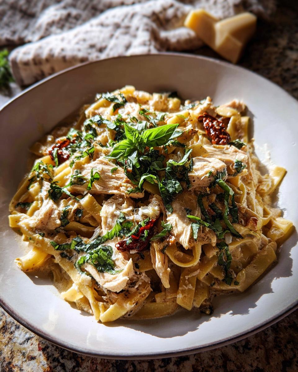 A close-up of creamy chicken pasta with sun-dried tomatoes and fresh basil, part of The Only Rice Bowls Recipes Recipe You’ll Need.