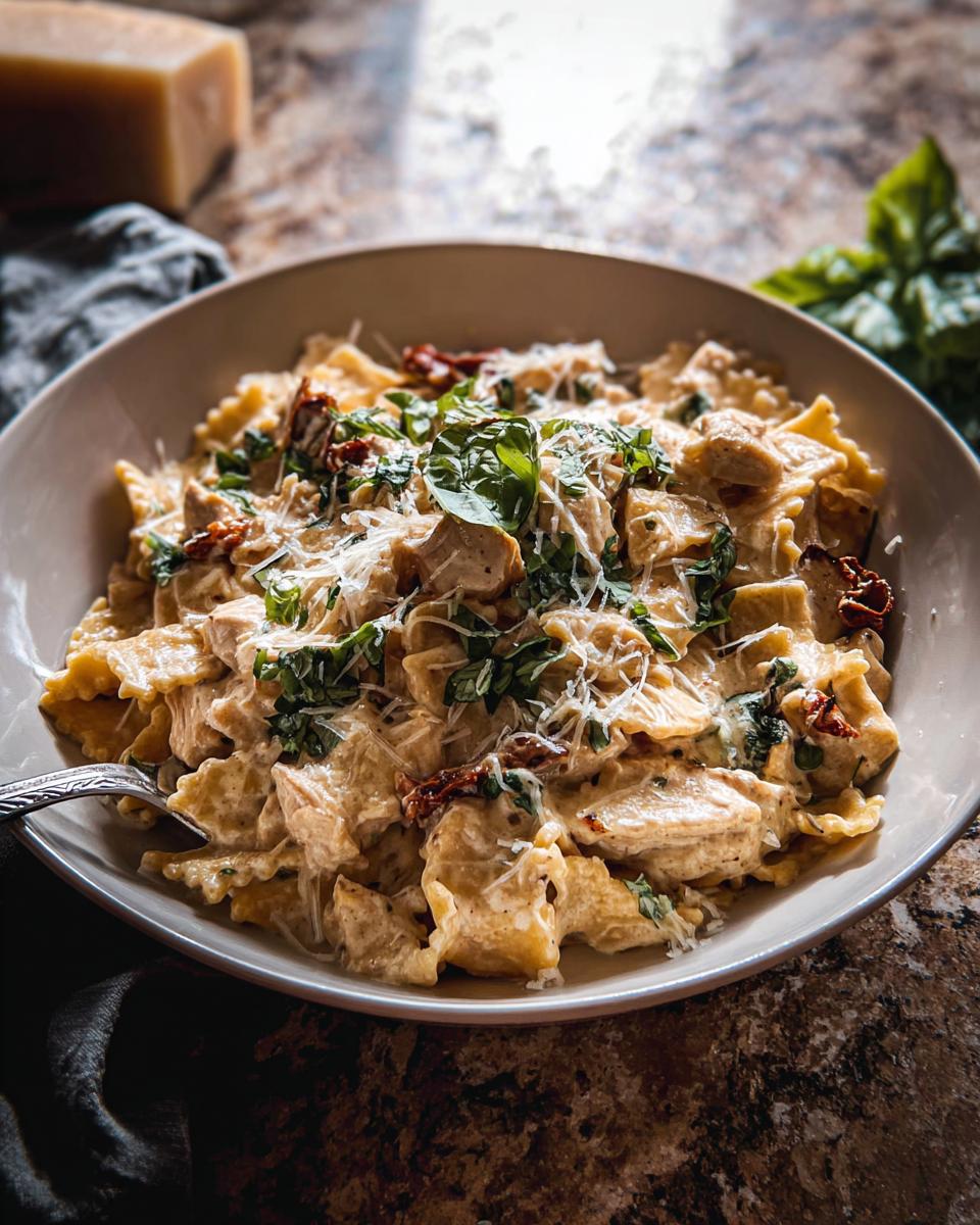 A close-up of creamy chicken pasta with farfalle noodles, sun-dried tomatoes, and fresh basil, topped with grated Parmesan cheese.