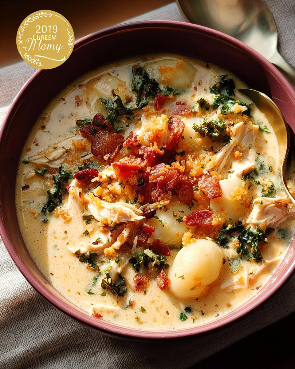 A bowl of creamy chicken and potato soup topped with crispy bacon and fresh herbs.