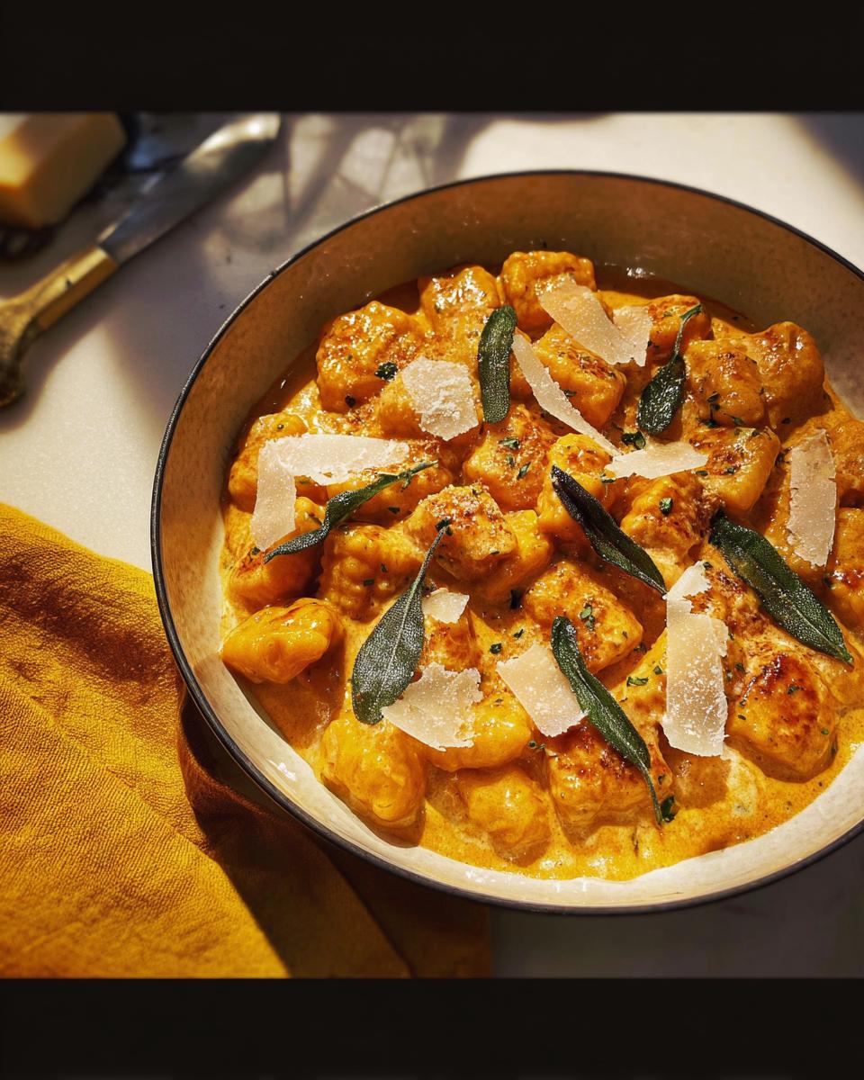 A bowl of creamy gnocchi pasta recipe, garnished with fresh sage leaves and shaved Parmesan cheese.