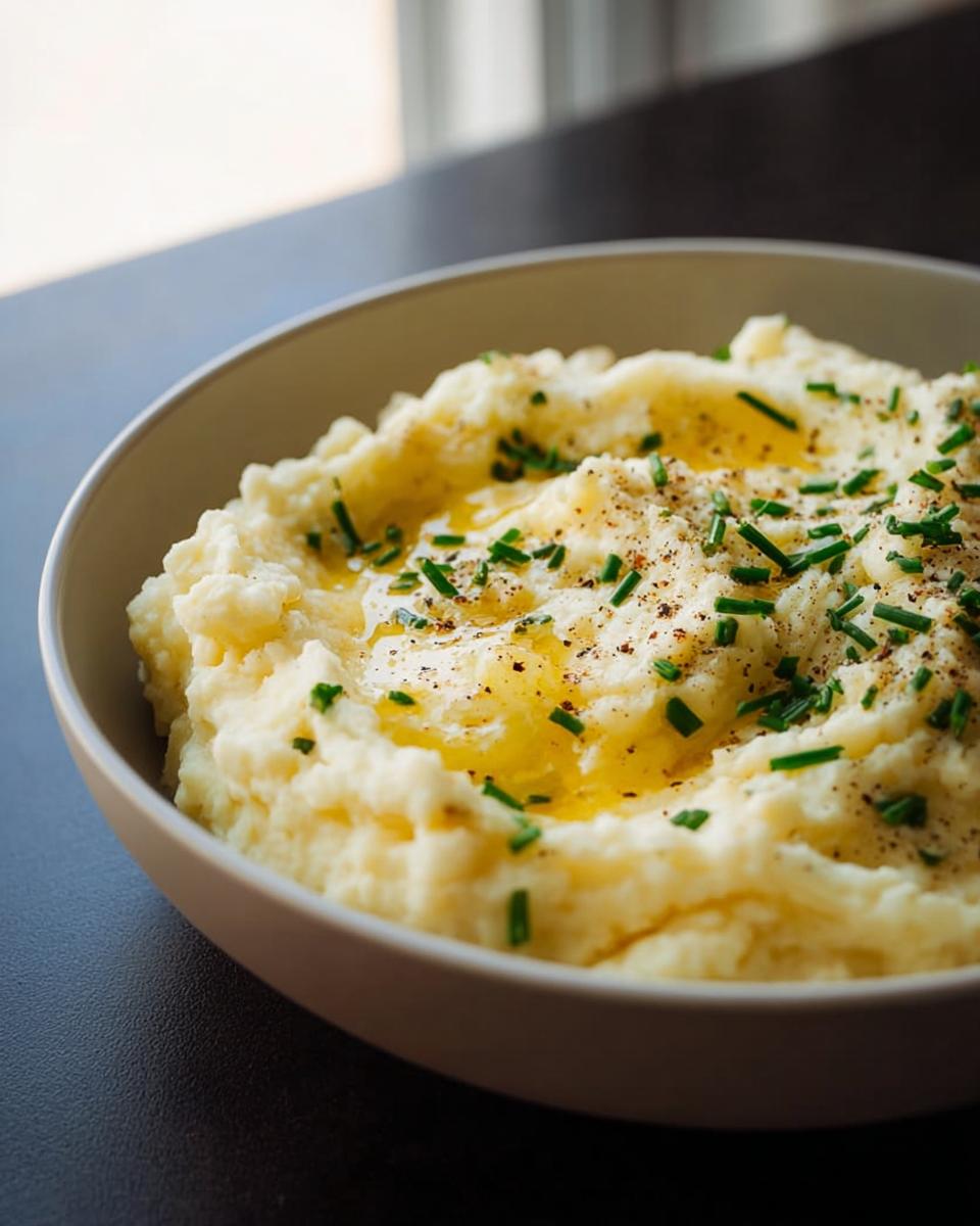 A close-up of creamy mashed potatoes topped with melted butter, black pepper, and fresh chives.