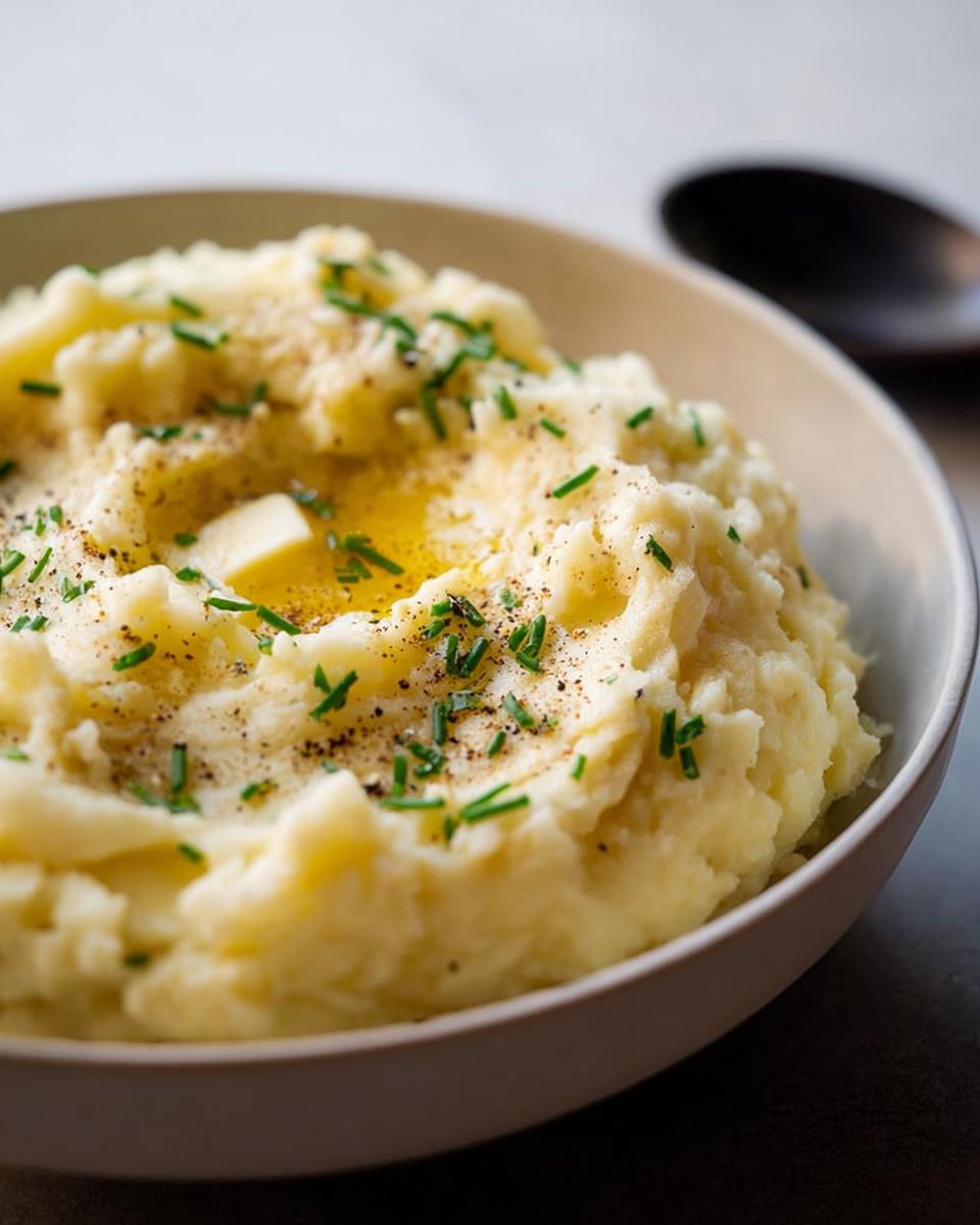 A close-up of creamy mashed potatoes topped with melting butter, black pepper, and fresh chives.