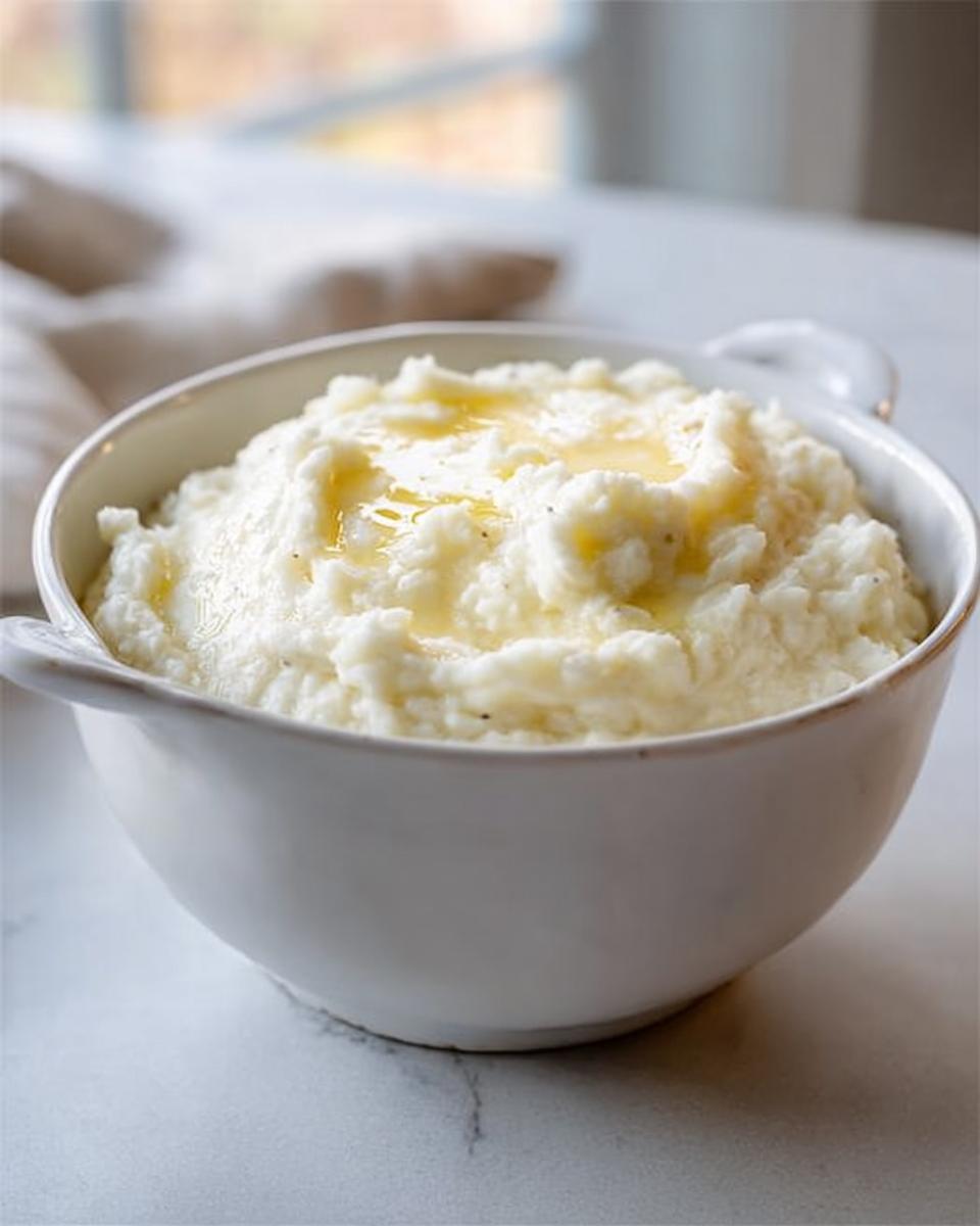 A white bowl filled with creamy mashed potatoes, topped with melted butter. Perfect for mashed potatoes recipes meal prep.