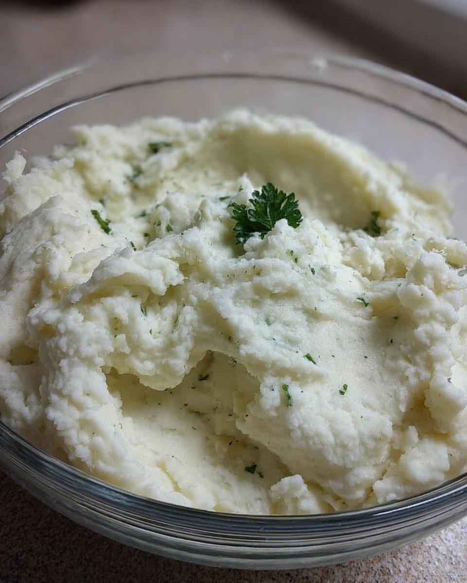 Close-up of fluffy mashed potatoes in a glass bowl, garnished with fresh parsley. A perfect side dish for any meal.