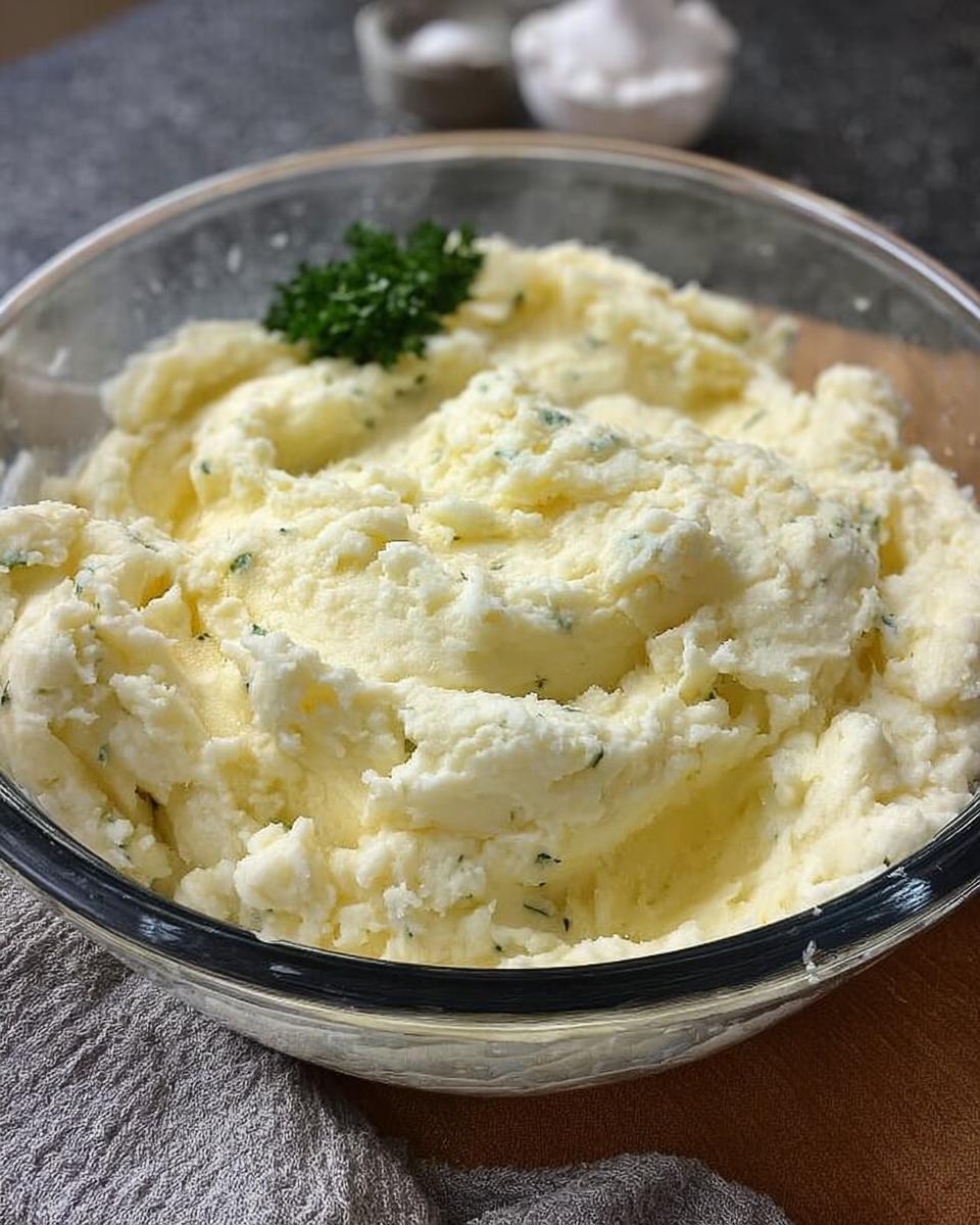 A close-up of creamy mashed potatoes in a glass bowl, garnished with parsley. Learn how to make mashed potatoes recipes like a pro.