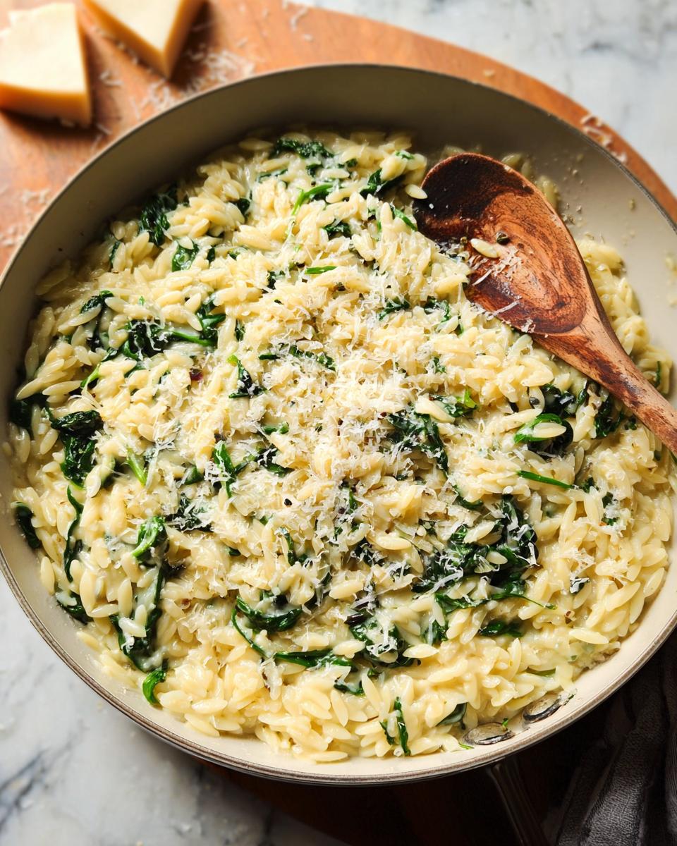 A close-up of creamy orzo pasta with wilted spinach, topped with grated Parmesan cheese, part of The Only Veggie Sides Recipes.
