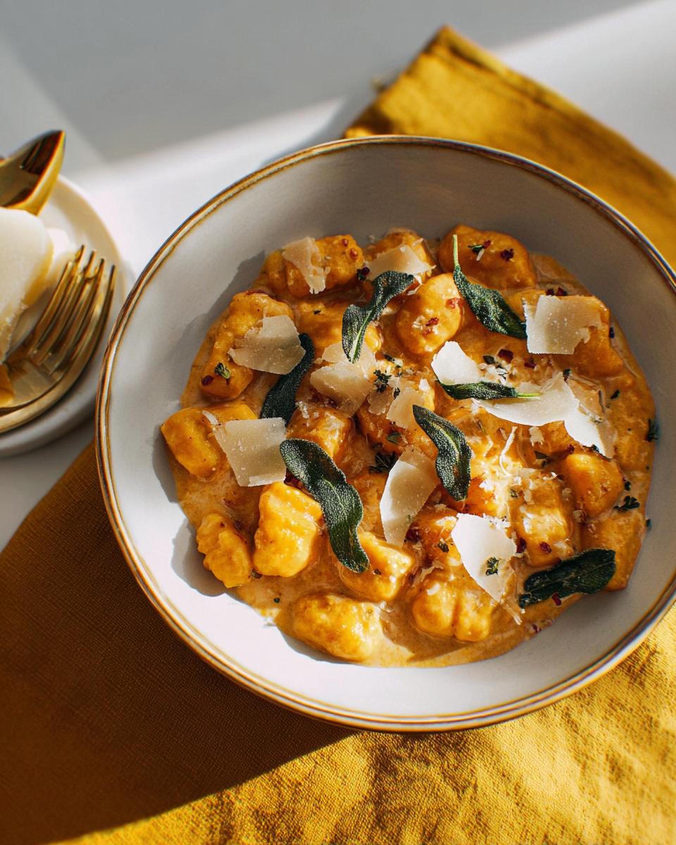 A bowl of creamy pasta recipe, topped with fresh sage leaves and shaved parmesan cheese.
