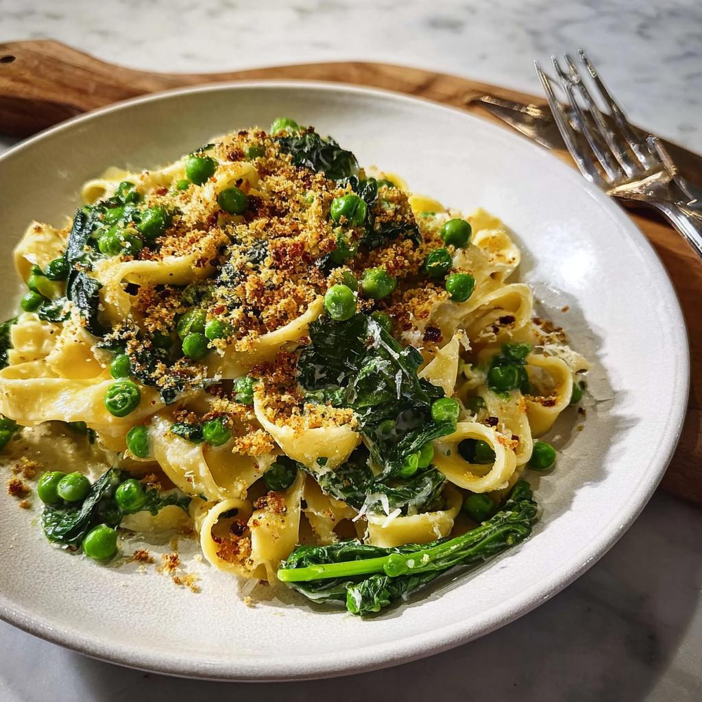 A bowl of creamy pasta with peas, greens, and breadcrumbs, a quick and healthy meal.