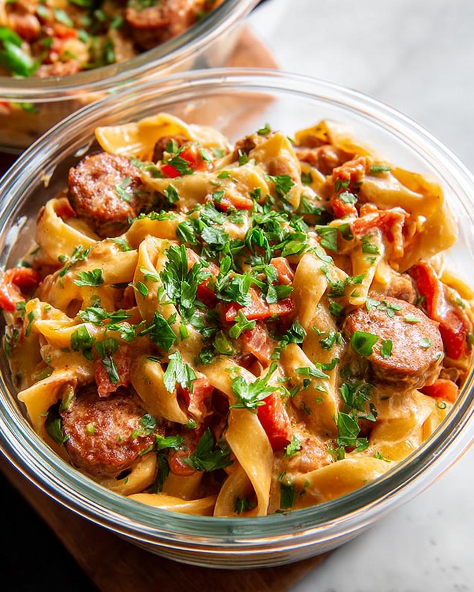 Close-up of a creamy sausage pasta dish in a glass bowl, garnished with fresh parsley. Perfect for pasta recipes meal prep.