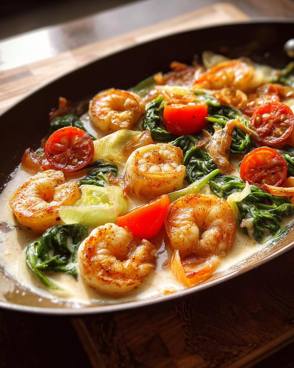 Close-up of a creamy shrimp recipe with cherry tomatoes and spinach, a popular shrimp recipe.