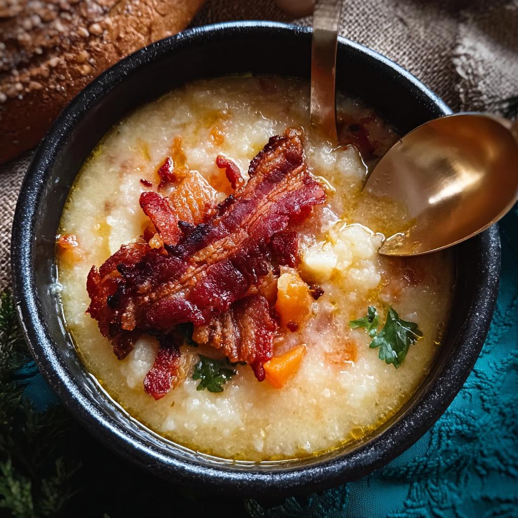 A bowl of creamy soup topped with crispy bacon, part of a 12-Ingredient Soup Recipes collection.