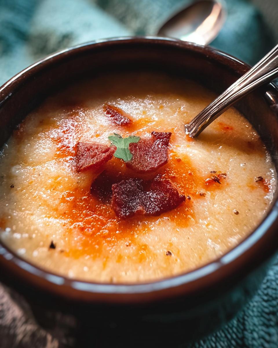 Close-up of a bowl of creamy soup topped with crispy bacon and a sprig of parsley. Part of 12-Ingredient Soup Recipes.
