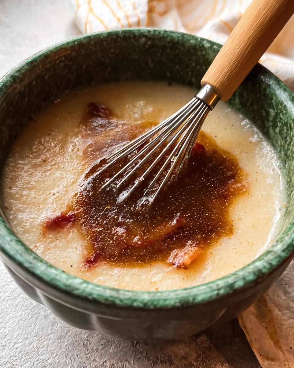 Close-up of a creamy soup in a green bowl, being stirred with a whisk, with bacon bits visible.