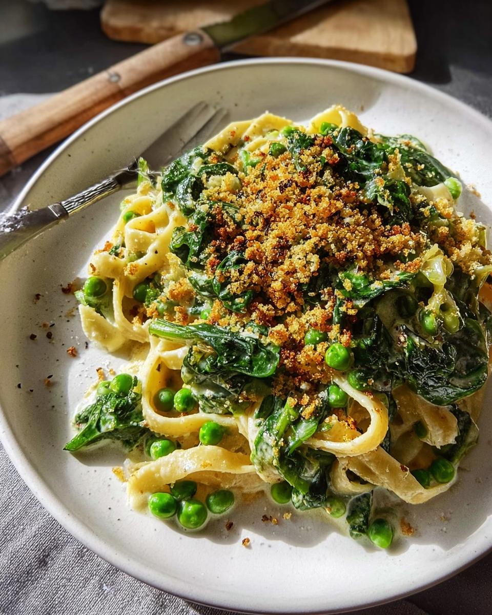 Close-up of creamy spinach and pea pasta, topped with crunchy breadcrumbs, a quick and healthy meal.