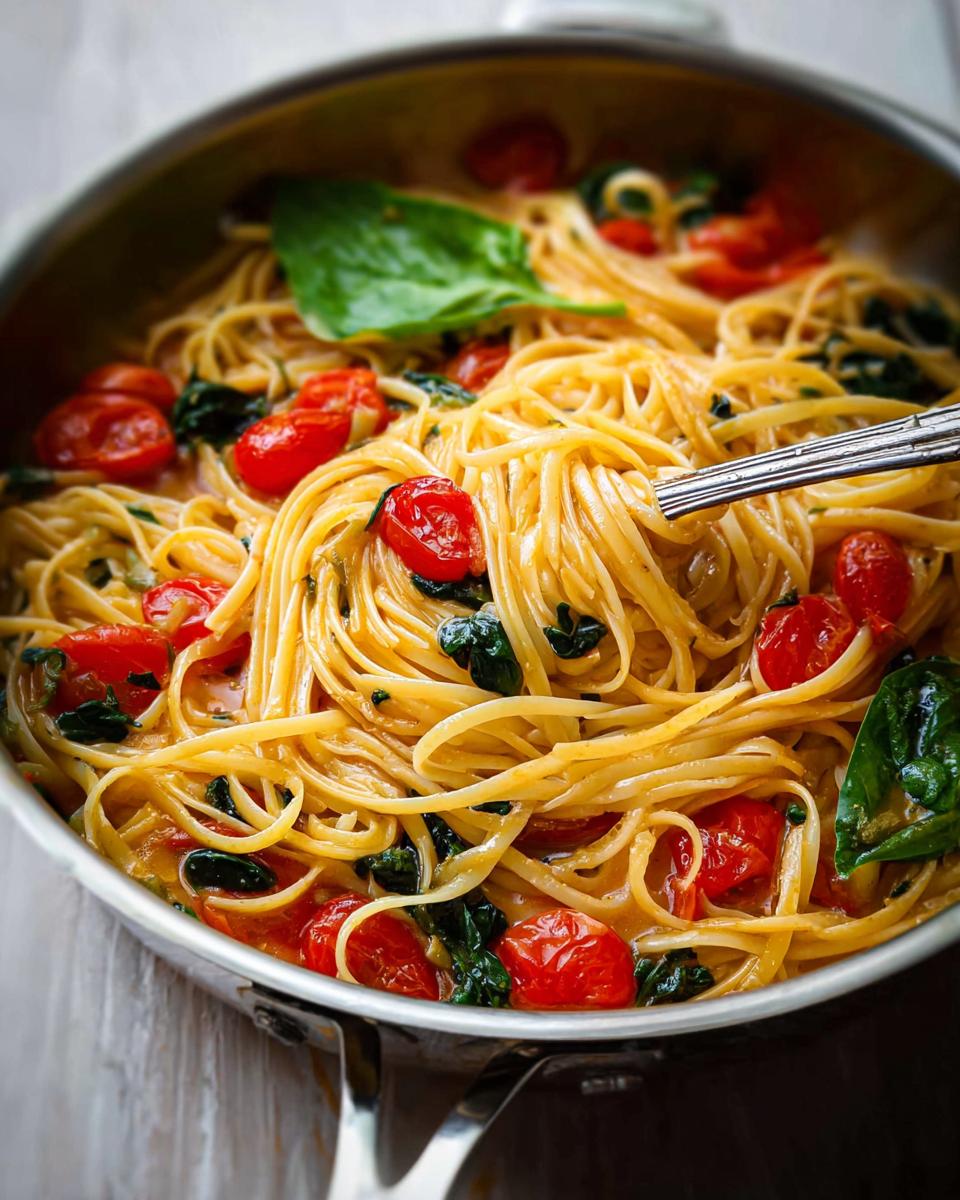 Close-up of creamy tomato spinach pasta in a pan, a fork twirling noodles. Part of easy dinner recipes meal prep.