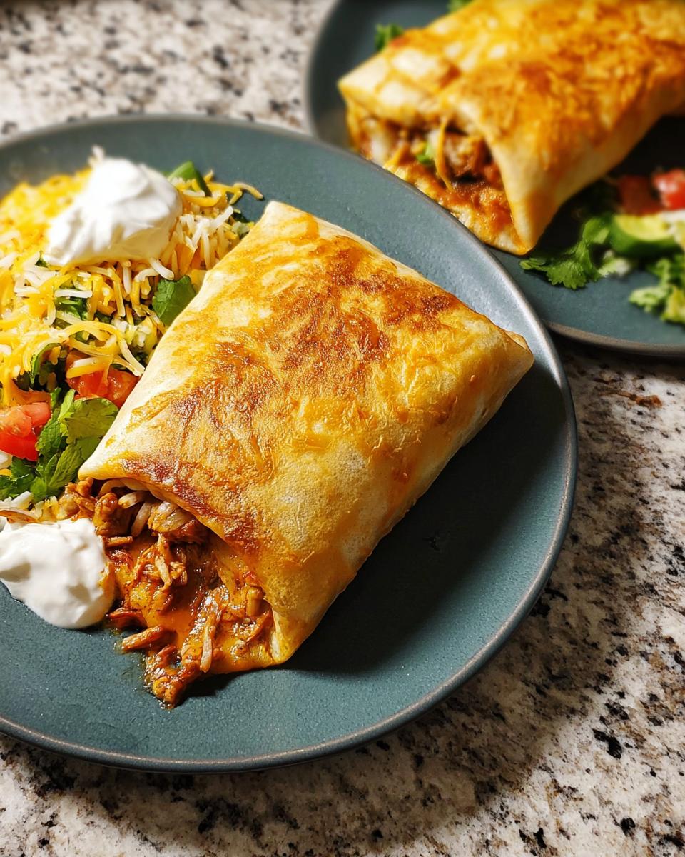 A crispy baked burrito served with a side of rice, shredded cheese, tomatoes, and sour cream, part of 20-Ingredient Easy Dinner Recipes.