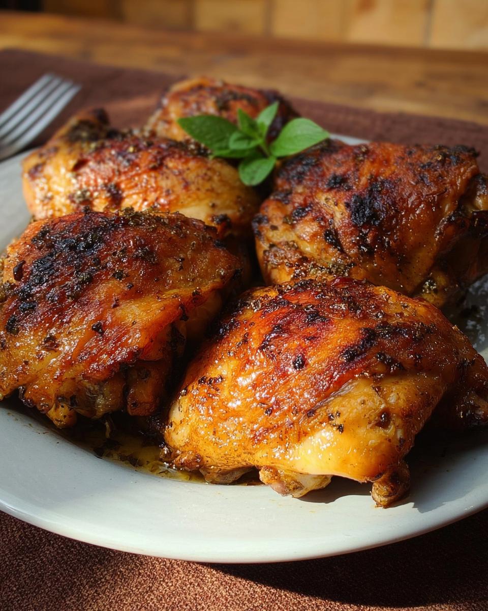 A plate of perfectly baked, crispy chicken thighs seasoned with herbs, a delicious option for chicken thigh recipes.
