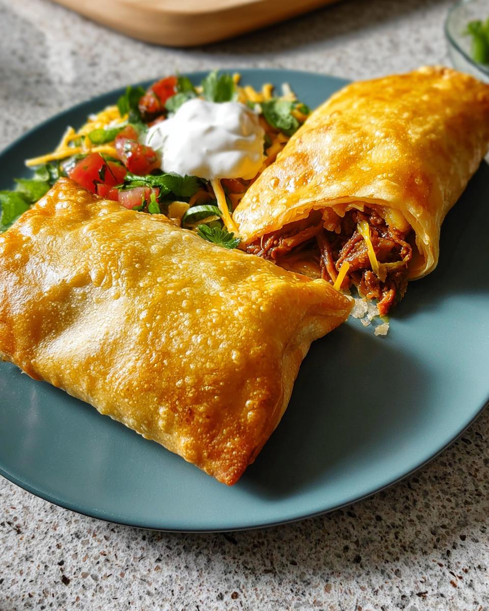 Two crispy fried burritos served with a side salad, featuring shredded meat and cheese filling, part of 20-Ingredient Easy Dinner Recipes.