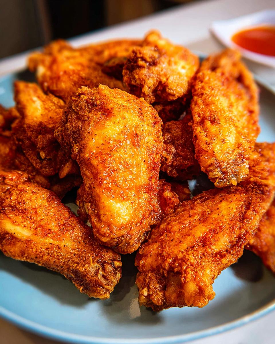 A close-up of a pile of crispy, seasoned chicken wings on a blue plate, perfect for beginners.