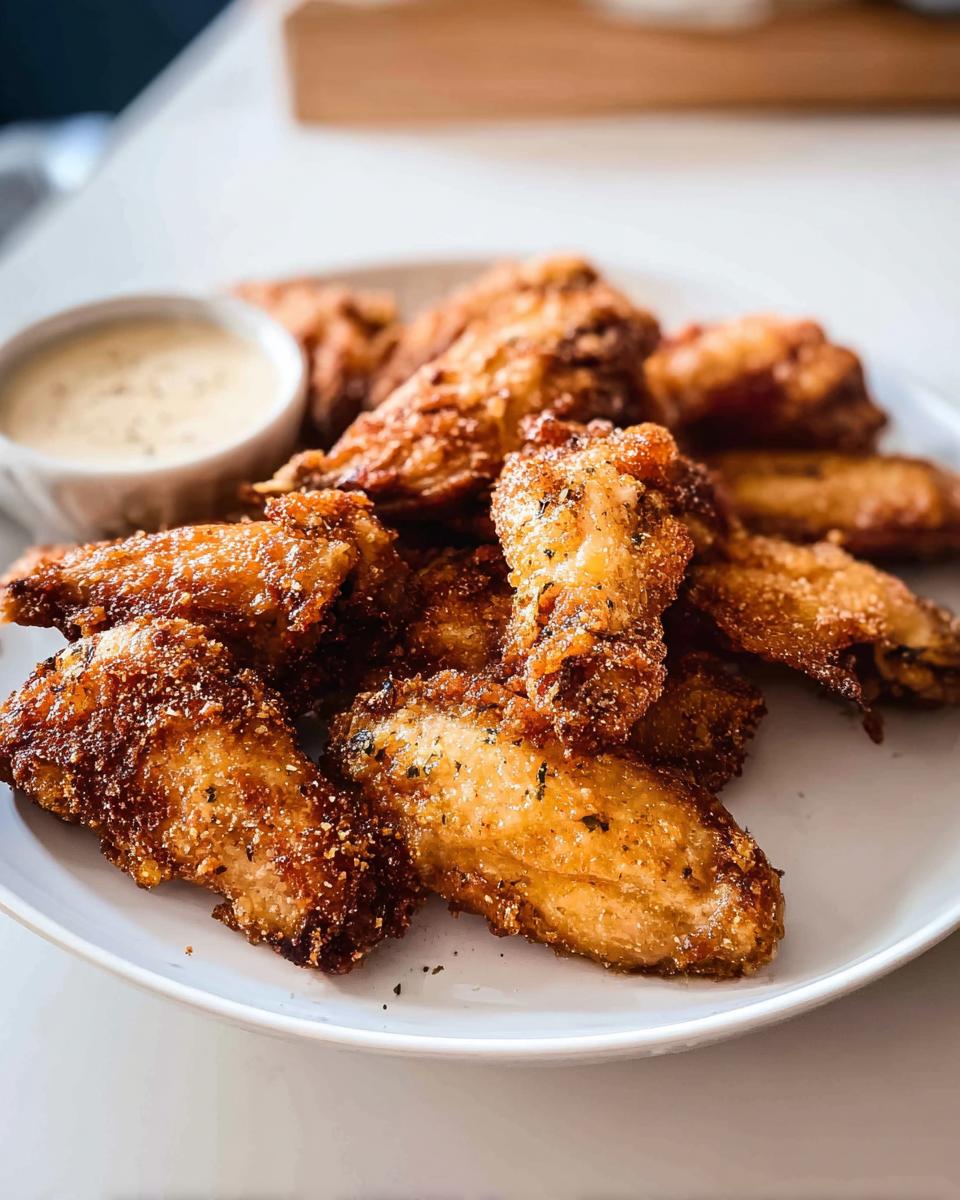 A plate full of golden-brown, crispy chicken wings served with a side of dipping sauce.