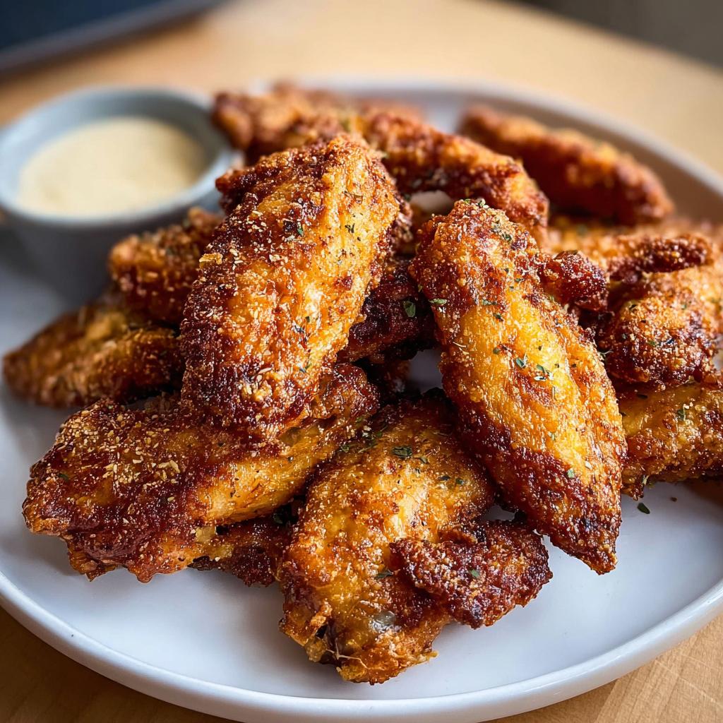 A plate full of perfectly crispy chicken wings, seasoned and served with a side of dipping sauce.