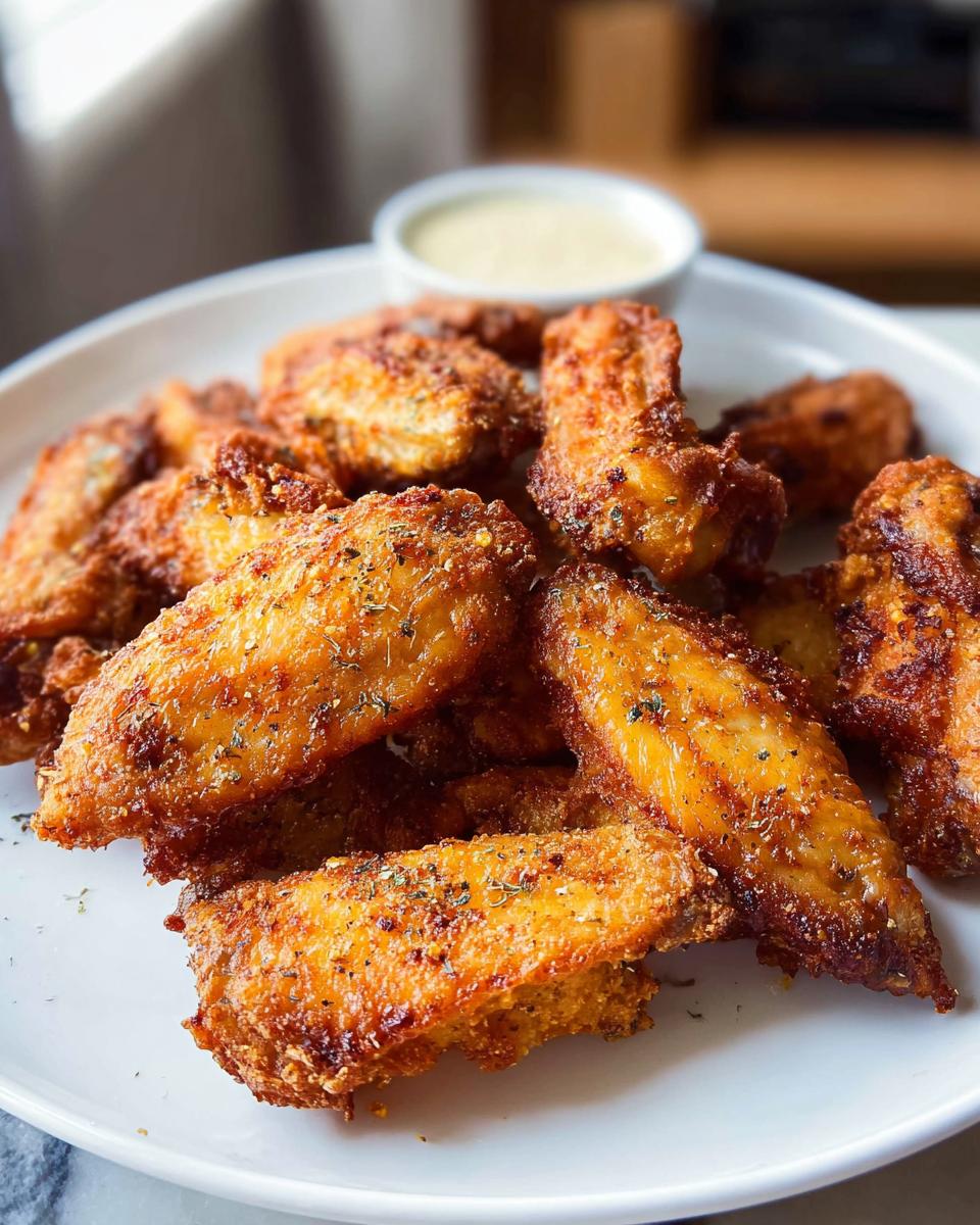 A plate of perfectly crispy, seasoned chicken wings served with a side of dipping sauce.