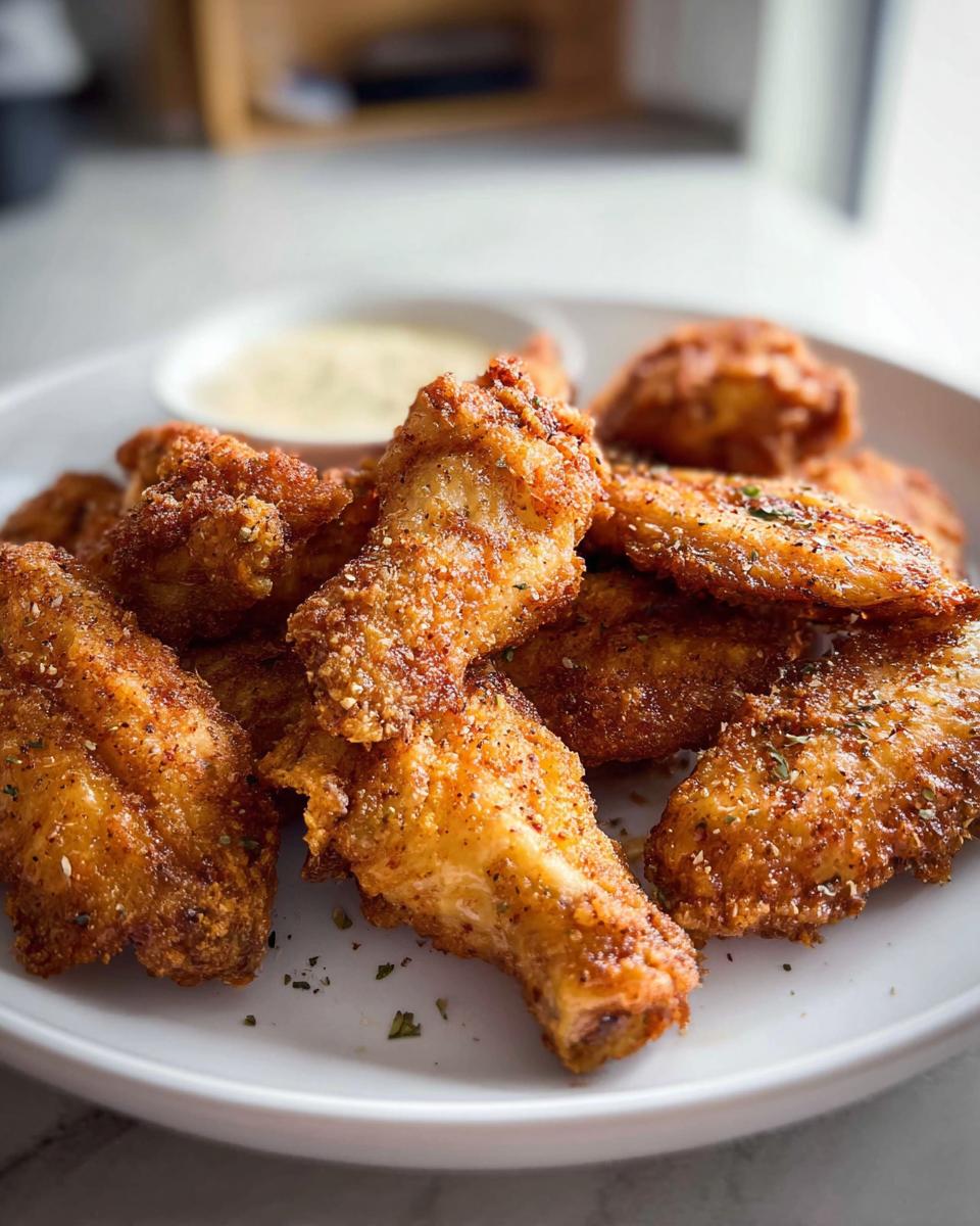 A plate of golden-brown, crispy chicken wings seasoned with herbs and spices, served with a side of dipping sauce.