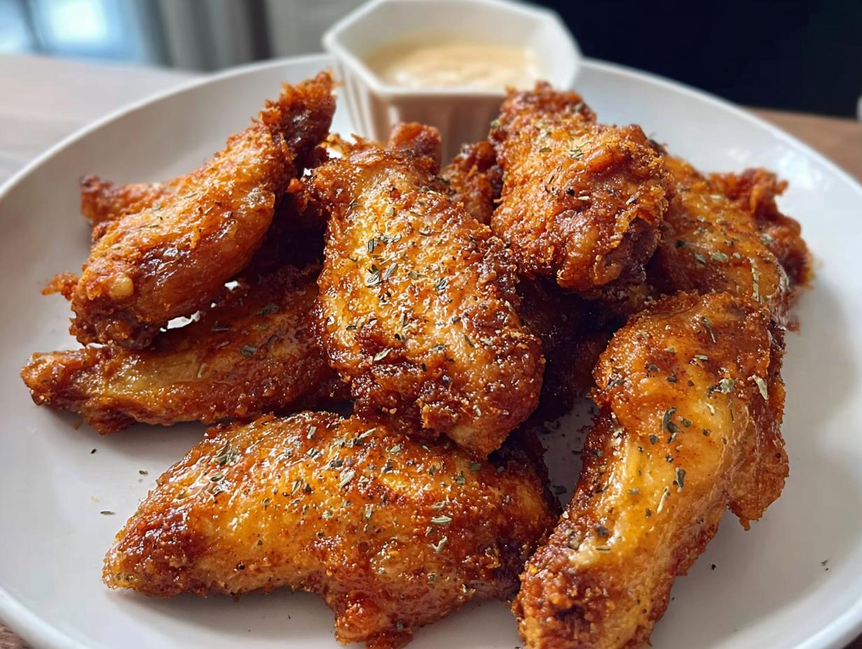 A plate of perfectly crispy chicken wings, seasoned with herbs, ready to be enjoyed with a dipping sauce.