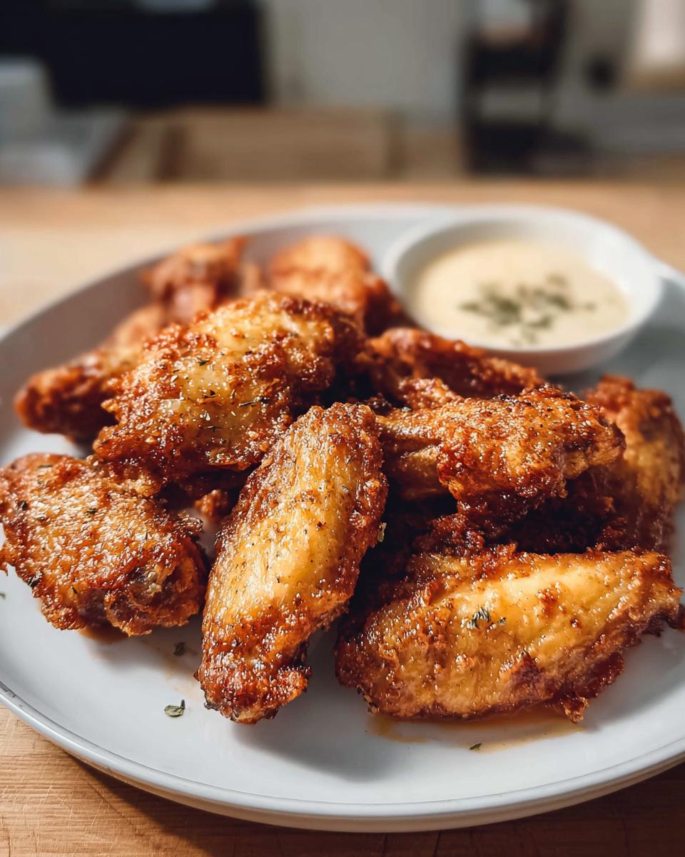 A plate of golden brown, crispy chicken wings with a side of dipping sauce, perfect for any chicken wings recipes.