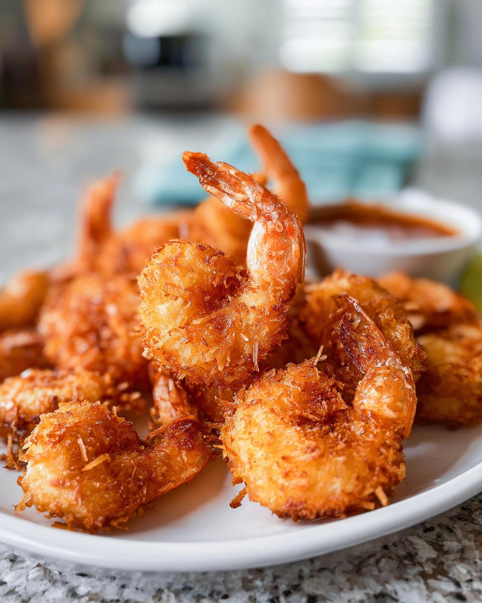 Close-up of golden-brown crispy coconut shrimp piled on a white plate, with a small bowl of dipping sauce in the background.